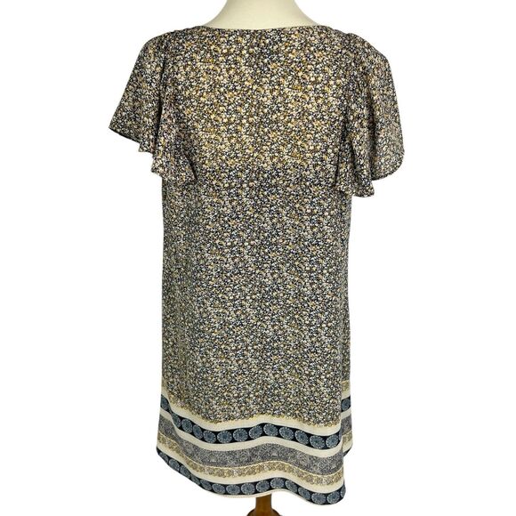 Knox Rose Brown Yellow Floral Flutter Sleeve A-Line Boho Peasant Dress Medium - Picture 3 of 12